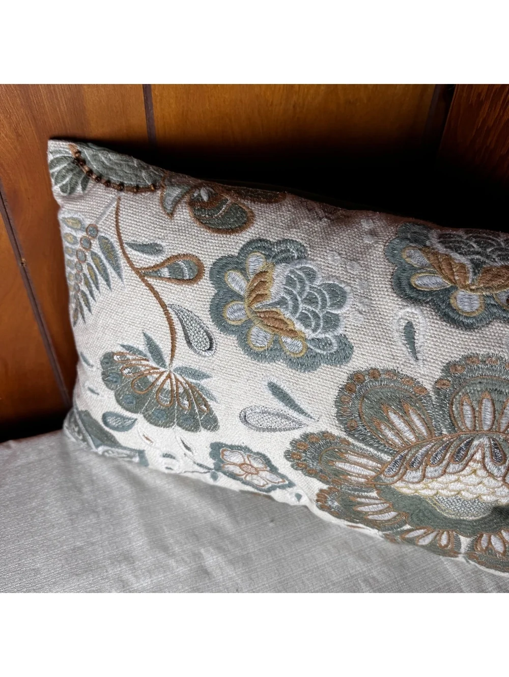 Pier 1 Embroidered Floral Lumbar Pillow Blue Green Brown 18x11 Cottage Decor